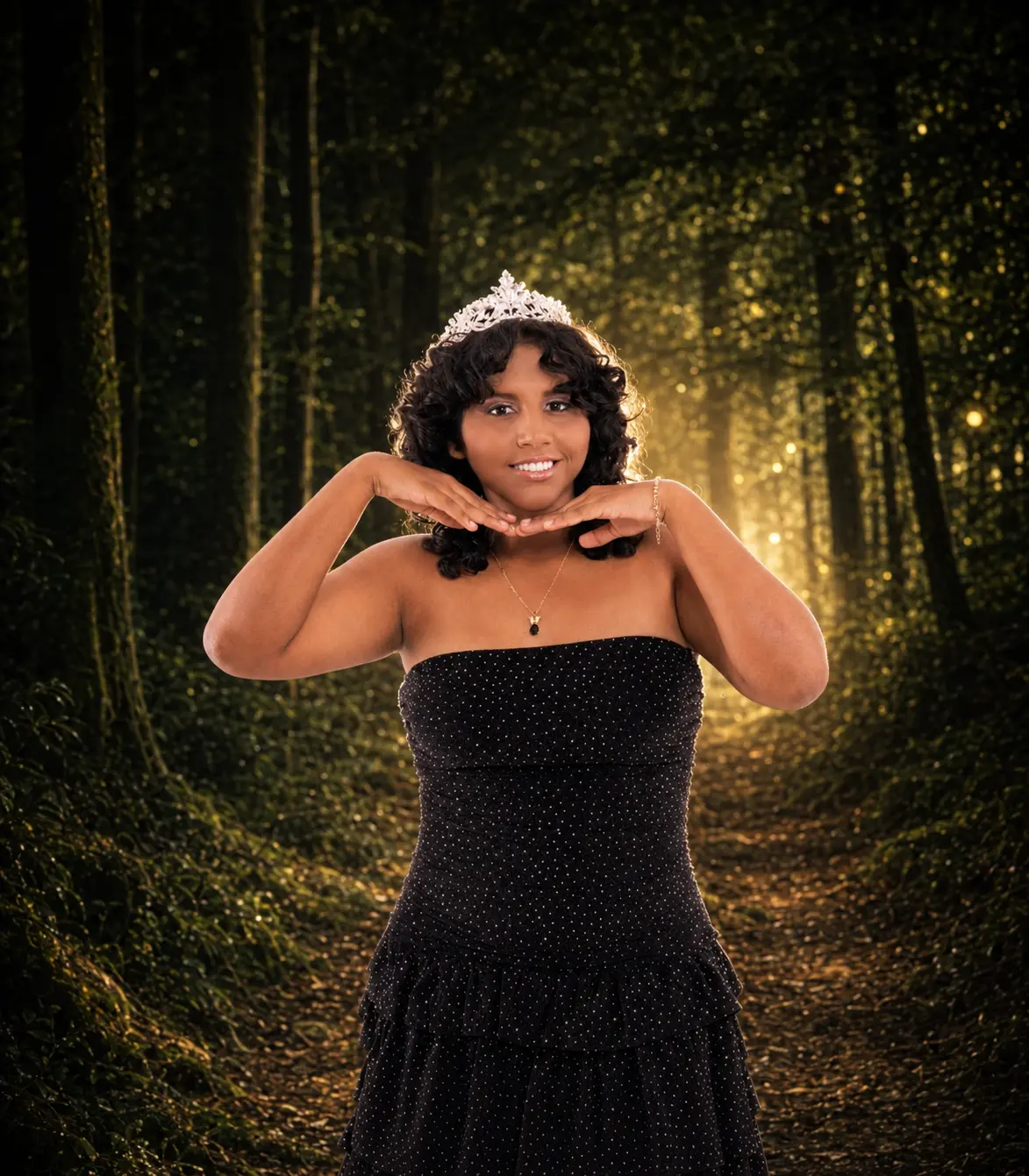 Fabiana con vestido negro y tiara en el bosque