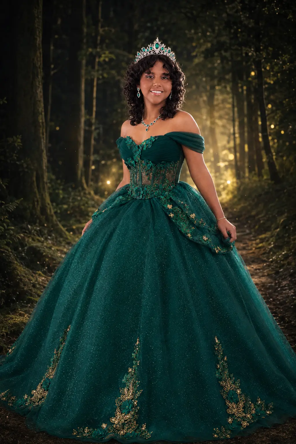 Fabiana con vestido verde en una pose elegante dentro del bosque