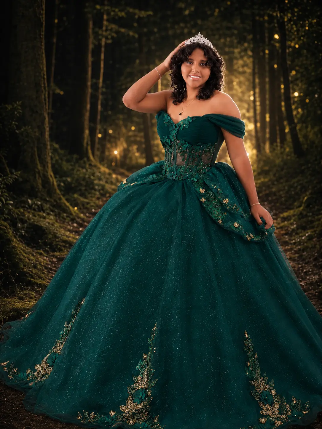 Fabiana con su vestido verde esmeralda en el bosque