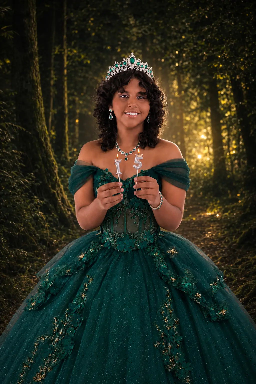 Fabiana con vestido verde sosteniendo las velas de sus quince años en el bosque